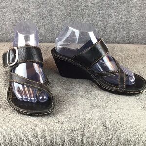 Born Black Leather Toe Ring Wedge Slip On Sandals Sz 8